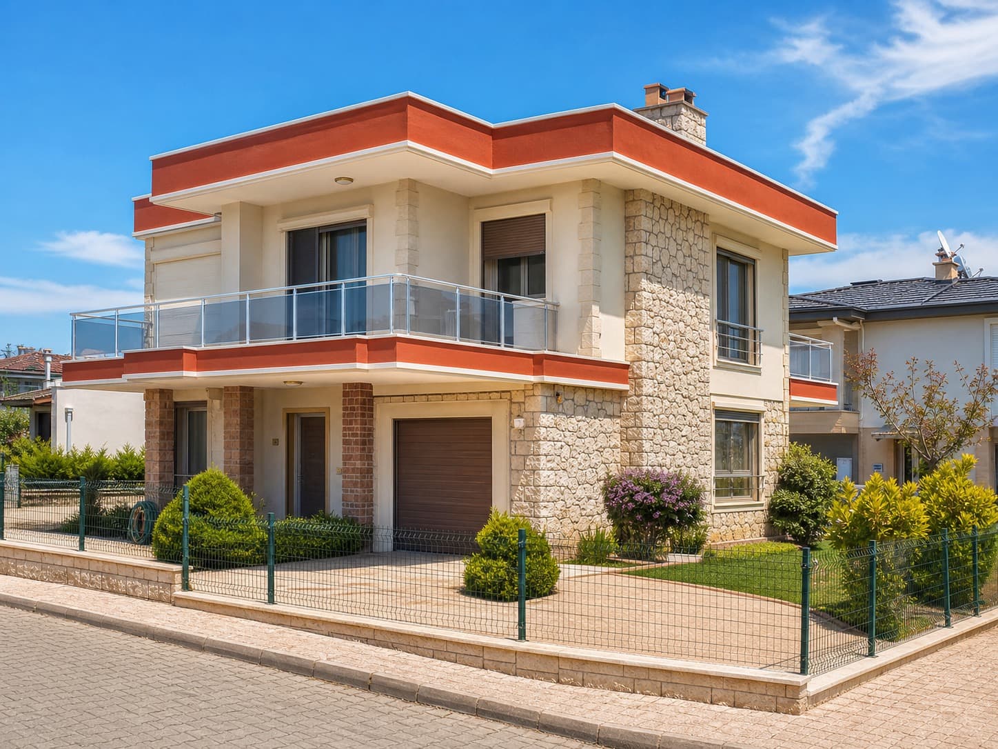 Taş cepheli ve kırmızı saçak detaylı iki katlı villa uygulaması