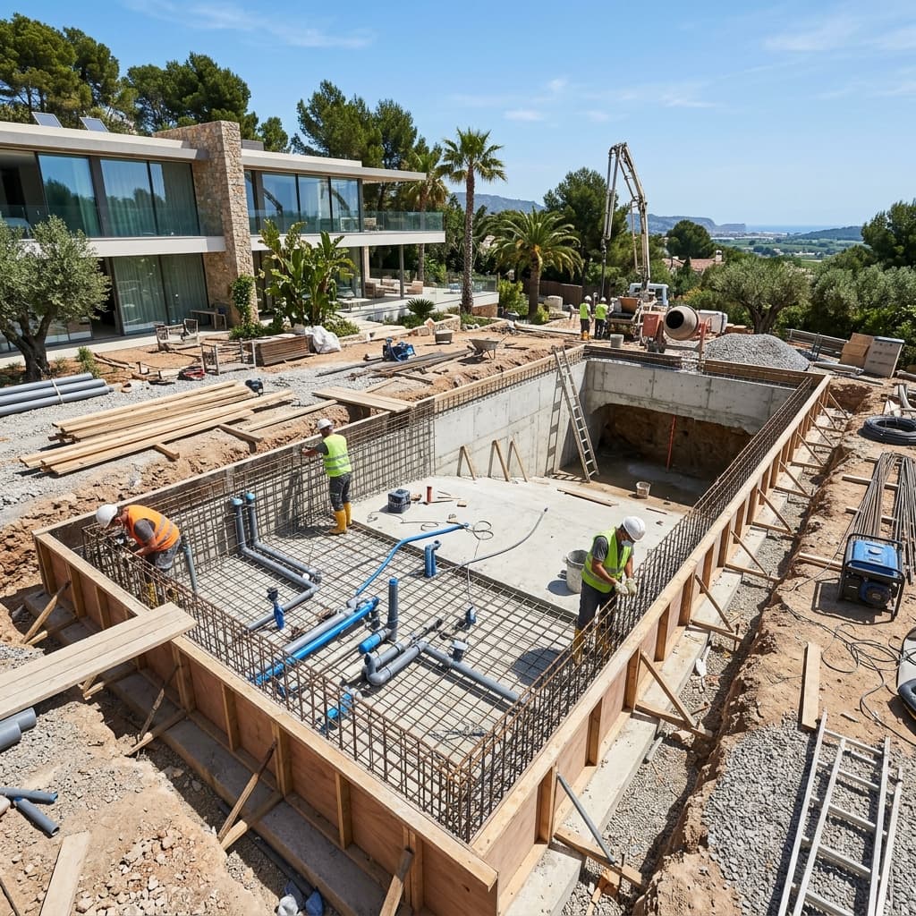 Lüks villa bahçesinde havuz kaba inşaatı ve demir donatı bağlama çalışmaları